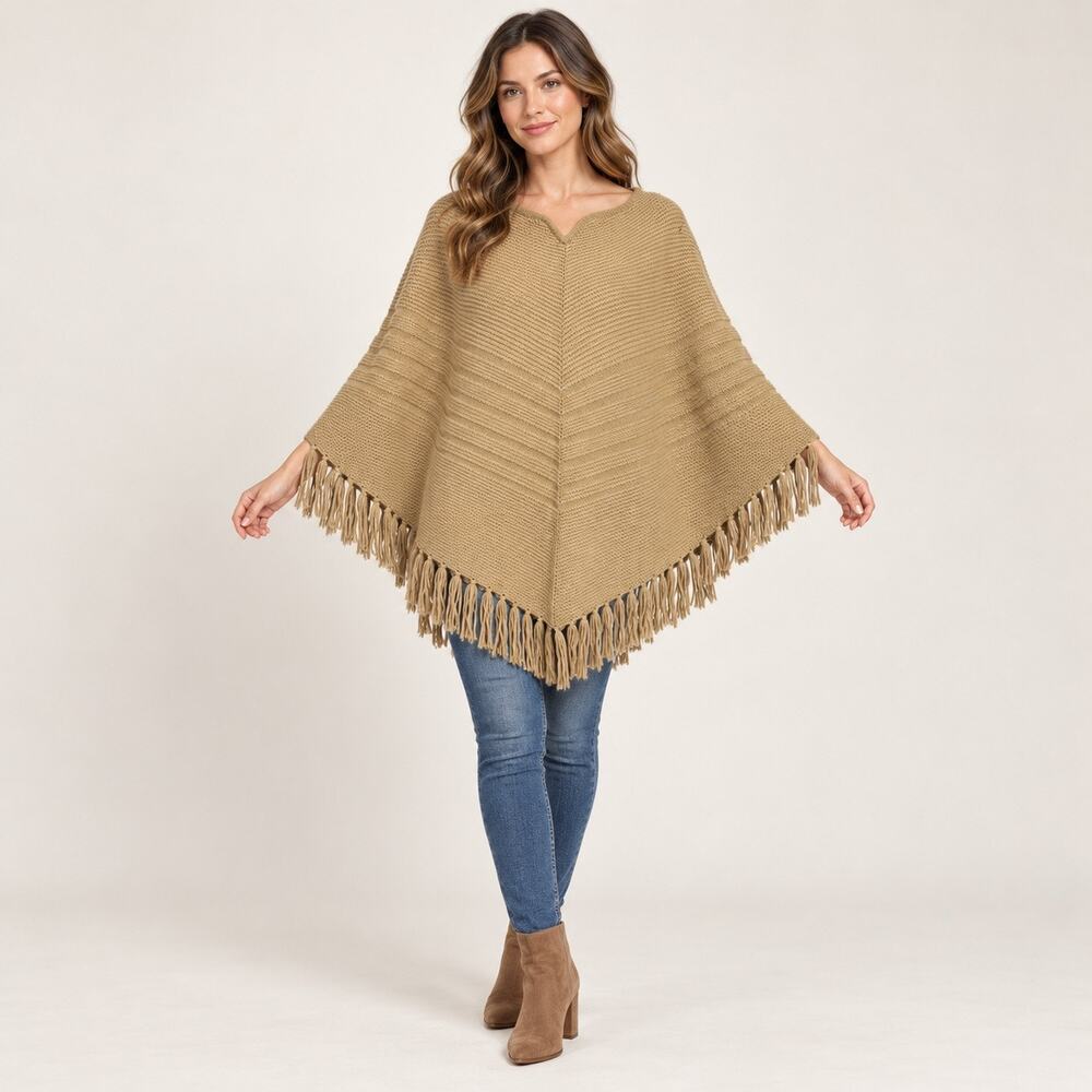 Lily Starhampton Tan Wool Blend Fringe Knit Poncho Sweater S/M